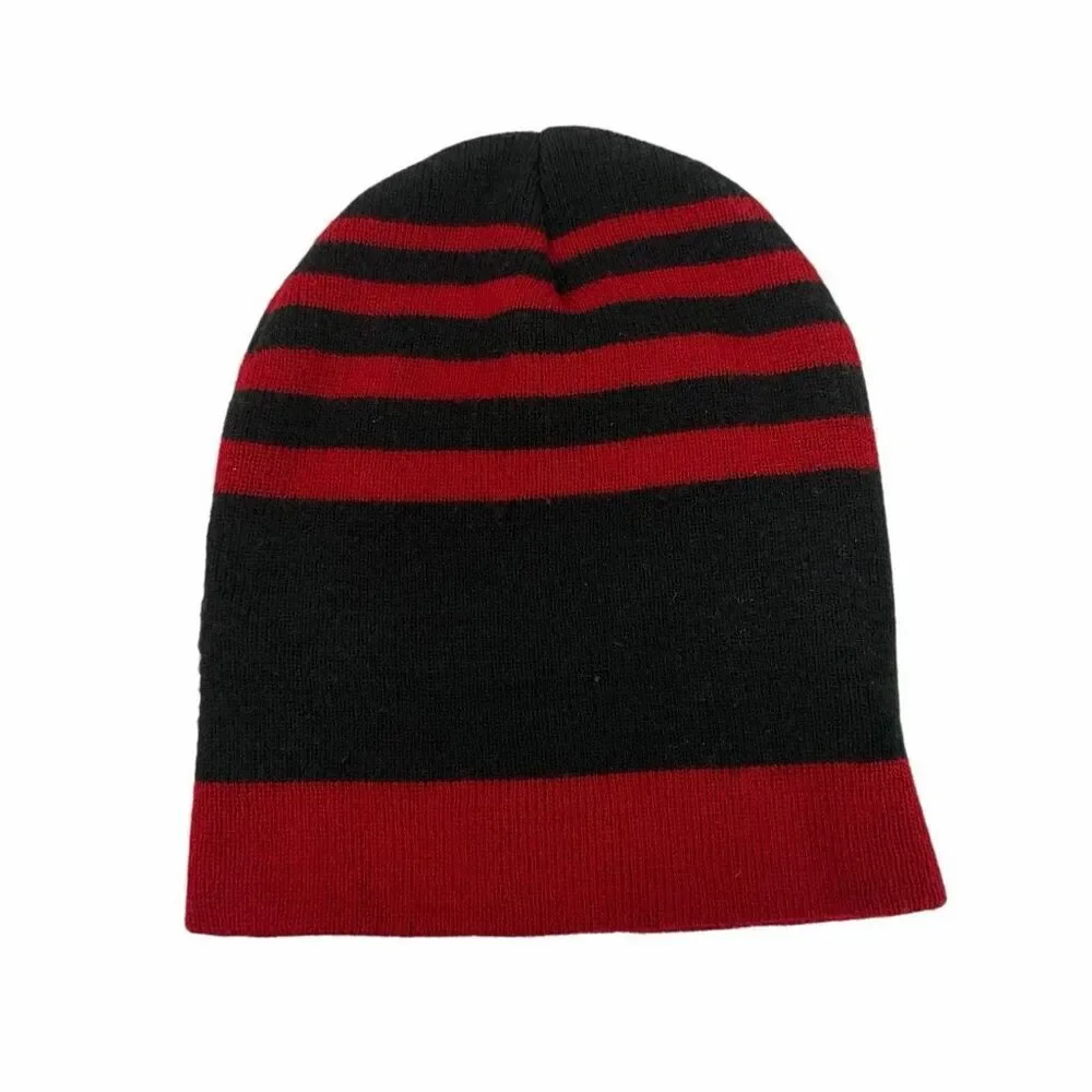 Nike Kids Boys Black Red Striped Cap Ribbed Cuffed Winter Beanie O/S